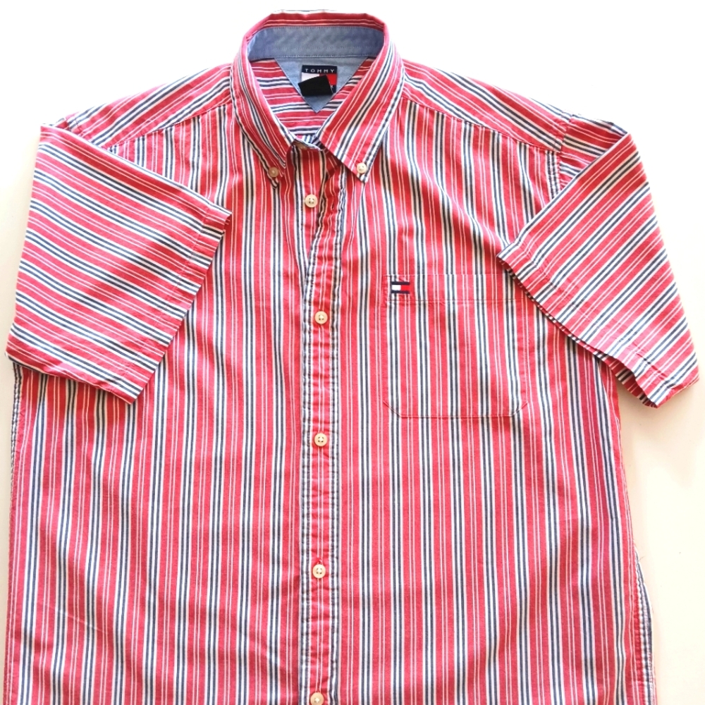 Vintage 01' Tommy Hilfiger cotton, striped short sleeve, button-down. XL.